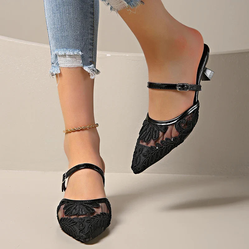 Breathable Lace Mules Slippers Slip On Singbacks Slide Elegant Party