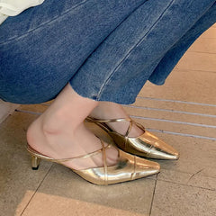 Elegant Party Genuine Leather Thin Heels Mules Slippers Narrow Band Shoes Woman