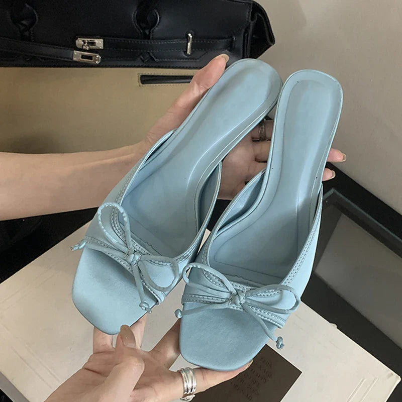Design Style Shallow Square Toe Slippers Butterfly-knot Low Heels Shoes Zapatos De Mujer