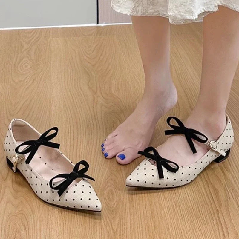 Cute Bow Double Buckle Low Heel Pumps Polka Dot Pointed Toe Shoes Comfort Soft Sole Commuter Office Shoes