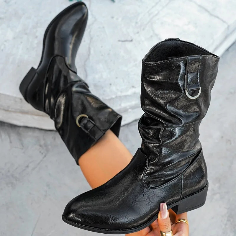 Pointed-toe Chelsea Boots Ankle Goth Shoes Woman Mid Heels Chunky Motorcycle Zapatillas Mujer