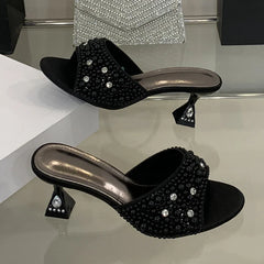 White Pearl Sandals Open Toe Crystal Rhinestone Low Heels Mules Party