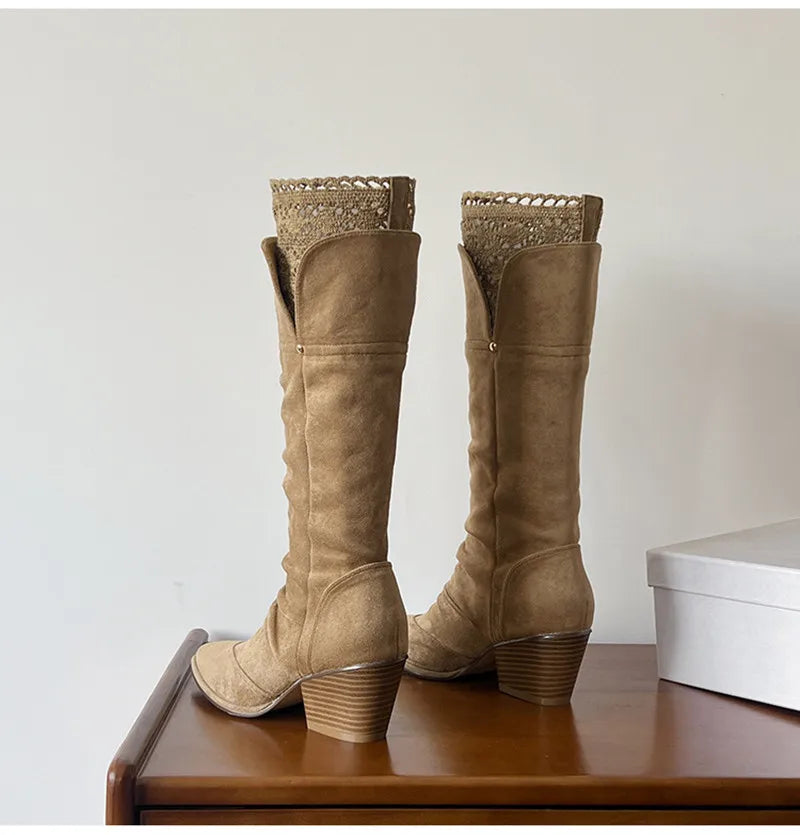 Pleated Design Knee-High Boots Vintage Faux Suede Lace High heels Western Cowboy Long Booties Shoes