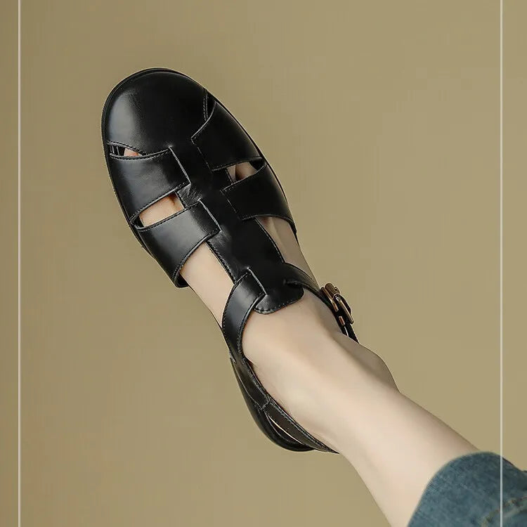 Sandals Low Thick Heel Genuine Leather Hook and Loop Back Strap Casual Sandals Solid Color Shoes