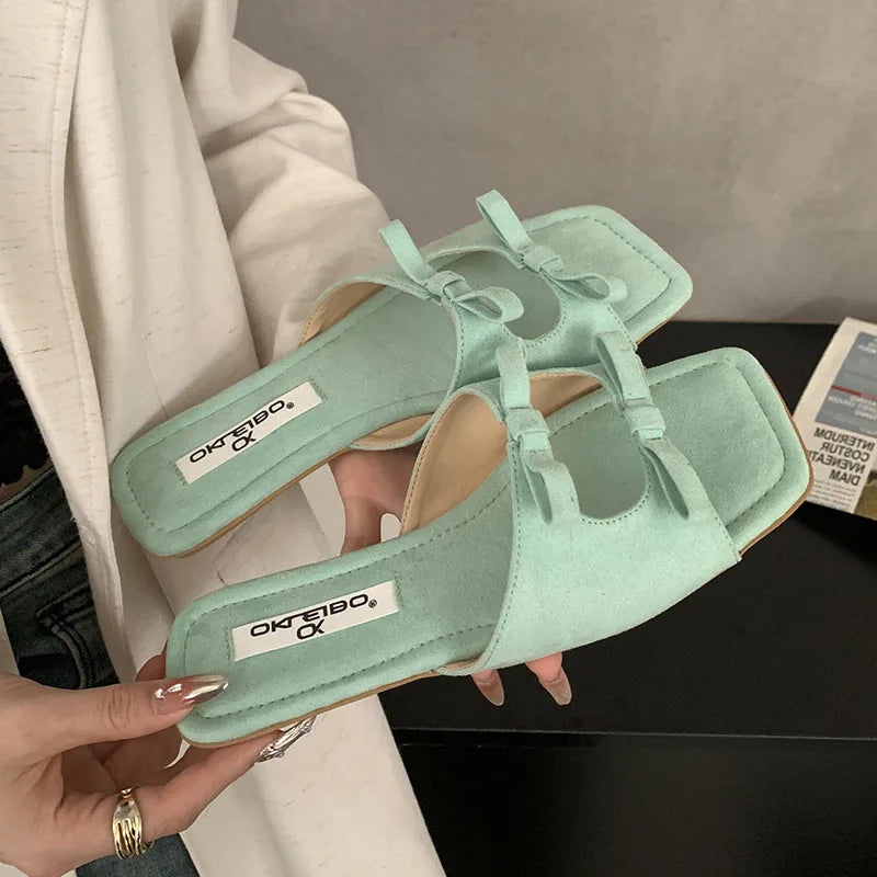 Butterfly-Knot Flats Slippers Shoes Square Toe Beach Slides Sandals Shoes