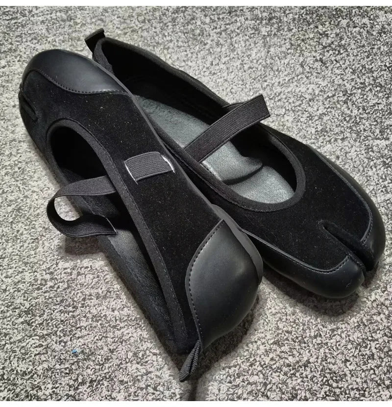 Split toe Faux suede Patchwork Tabi Ballet Flats Mary Janes Walking Loafers Casual Girls Dance Shoes