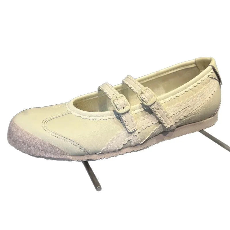 Vintage Round Toe Shallow Mouth Velcro Sports Flat Ballet Shoes Mary Jane Shoes German Training Shoes