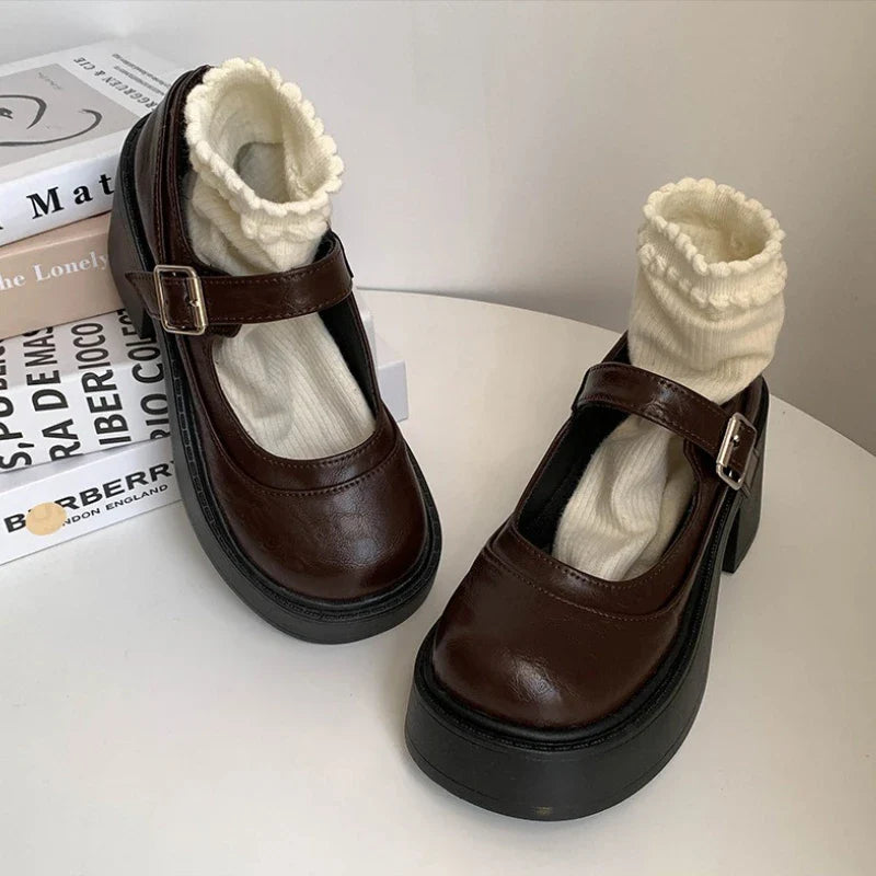 Vintage Platform Thick Bottom Mary Jane Shoes Shallow Round Toe Shoes Elegant Party Leather Shoes