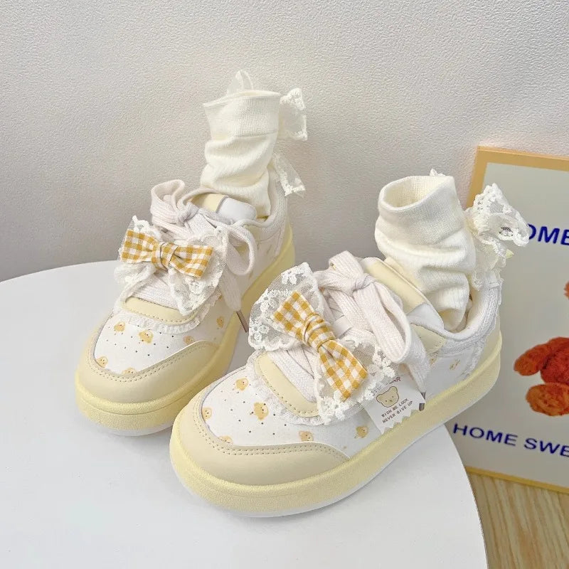 Students Sneakers Cute Causal Shoes School Patchwork Non-slip Sports Shoes with Bowknot