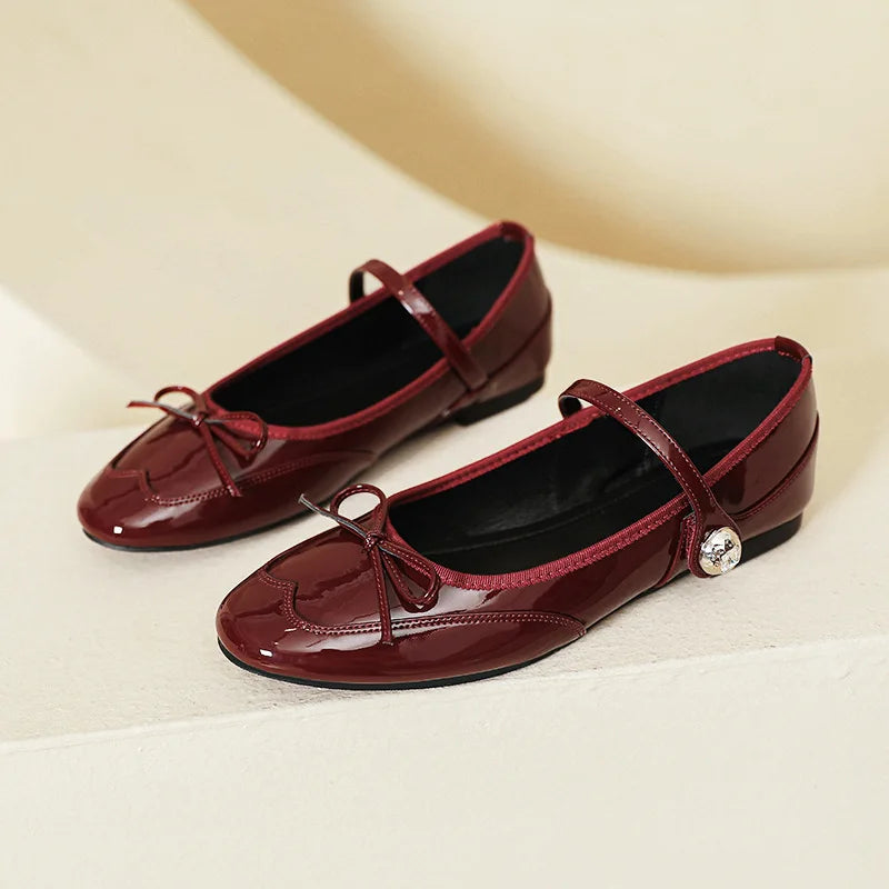 Hook&Loop Flats Mary Janes Round Toe Bowtie Ballets Shoes Red Japanned Leather Loafers Daily Office Mocassines