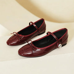 Hook&Loop Flats Mary Janes Round Toe Bowtie Ballets Shoes Red Japanned Leather Loafers Daily Office Mocassines