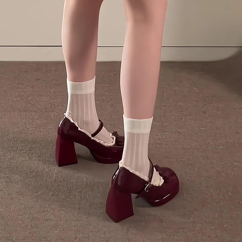 Platform High Heel Mary Jane Shoes Butterfly-knot Lace Shoes 2026 Wedding Party Shoes