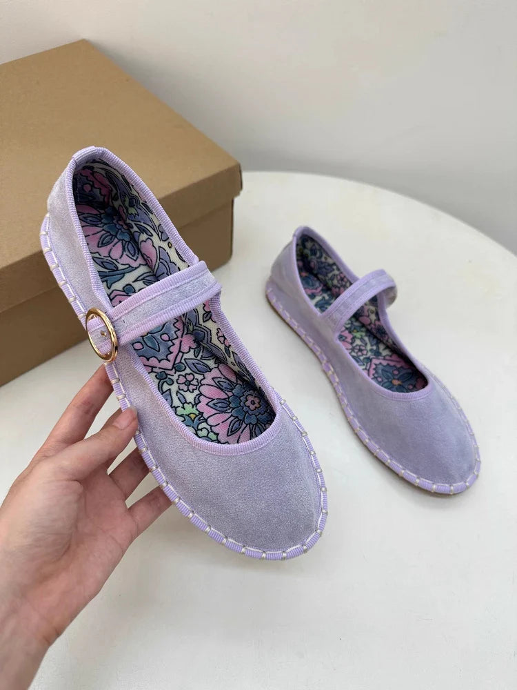 Floral Print Insole Velvet Flats Shoes Hand Stitching Elegant Mary Jeans Shoes Round Toe Ballets Flats Footwear