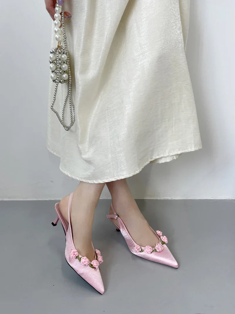 Pink High Heels Pointed Toe Slingback Shoes Small Flower Low Heel Office Shoes Black Pumps White Talons Femme
