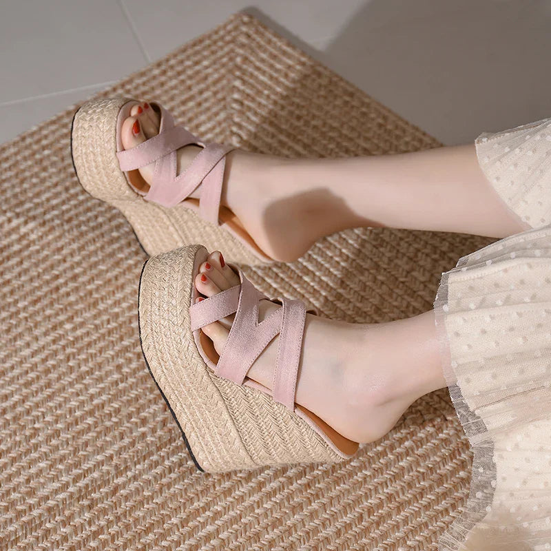 Size 32-39 Open Toe Sandals High Heel Wedge Platform Beach Sandals Shoes