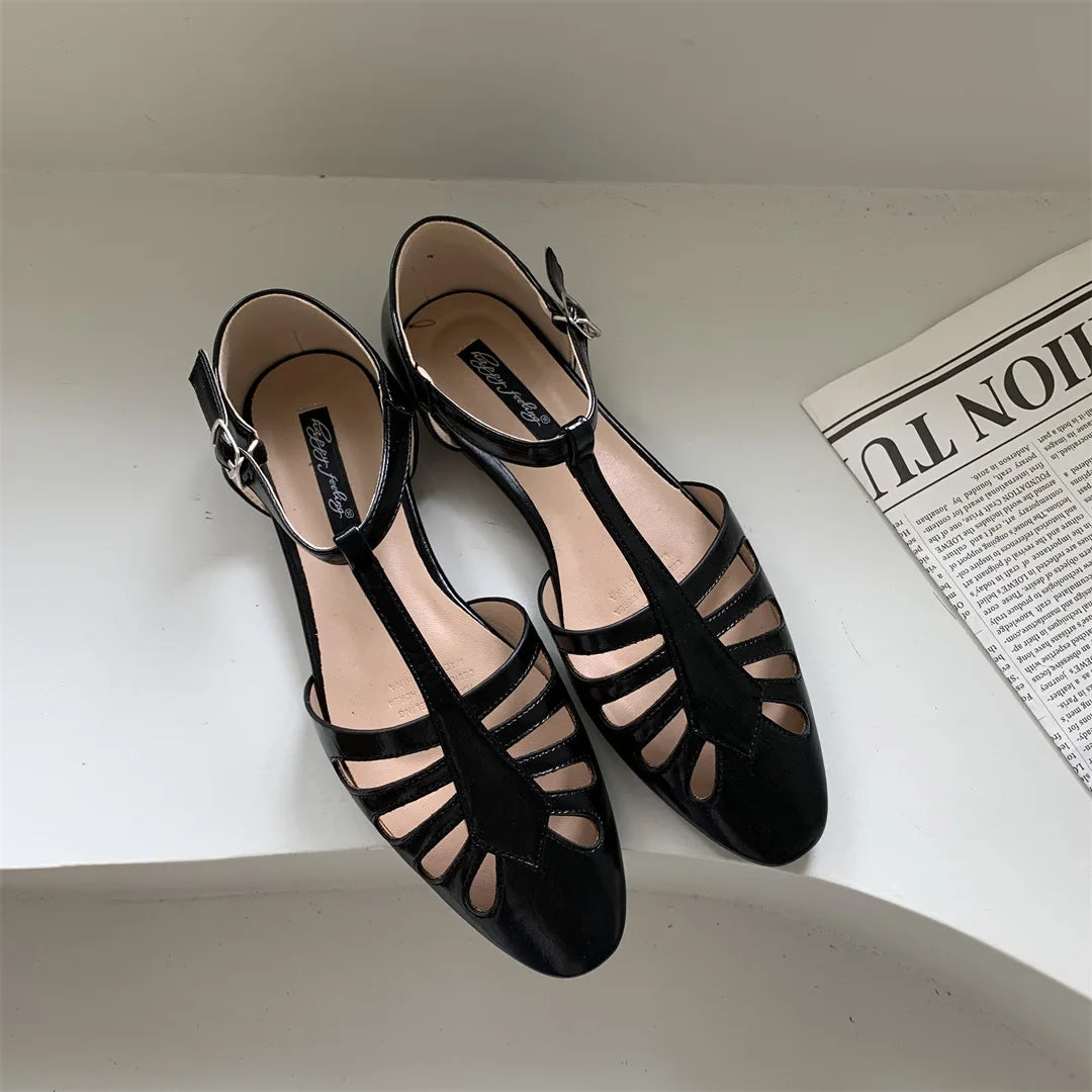 T-strap Rome Flat Sandals Hollow Out Vintage Mary Janes Shoes Pu Leather Holiday Elegant Gladiator Sandals