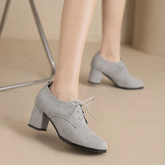 Retro Pumps Classics Flock Lace Up Office Round Toe Block High Heel Shoes Size 33-43 Black Brown