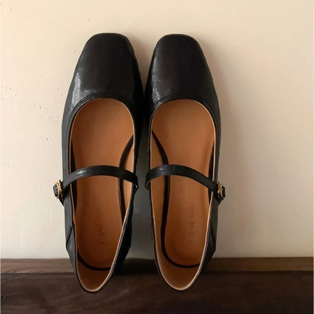 Small Leather Shoes Low-heeled Buckle Pumpss Square Head Two Wear Mary Jane Shoes