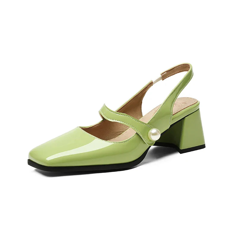 Slingback Sandals Square Toe Patent Leather Block High Heeled Mary Jane Shoes Gold Silver