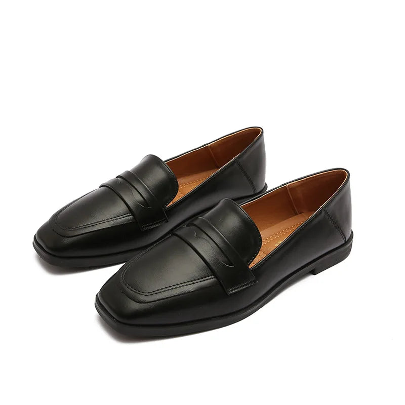 British High Quality leather flats shoes woman slip on loafers 34-43 big size square toe oxford shoes woman comfy working flats