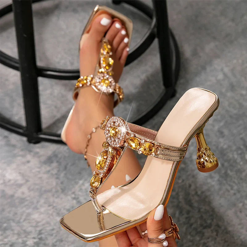 Party Diamond Slippers Clip Toe Crystal Narrow Band Flip Flops Shoes Low Heels Sandalias Mujer