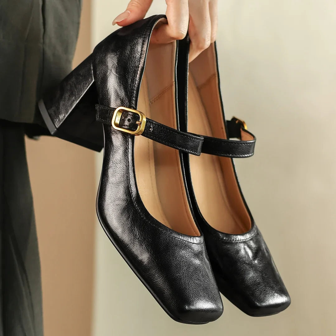 sheepskin square toe slip-on very Jane pumps 6.5cm thick high heel elegant evening dress heeled shoes