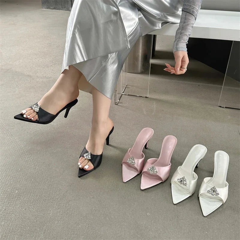 CRYSTAL Diamond Slippers Pointed Toe Shoes Thin Heels Banquet Slides Sandals
