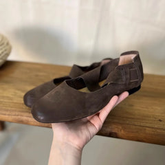 Flat Shoes Genuine Leather Retro Round Toe Flat Ballet Shoes Mary Jane Single Shoe Flats