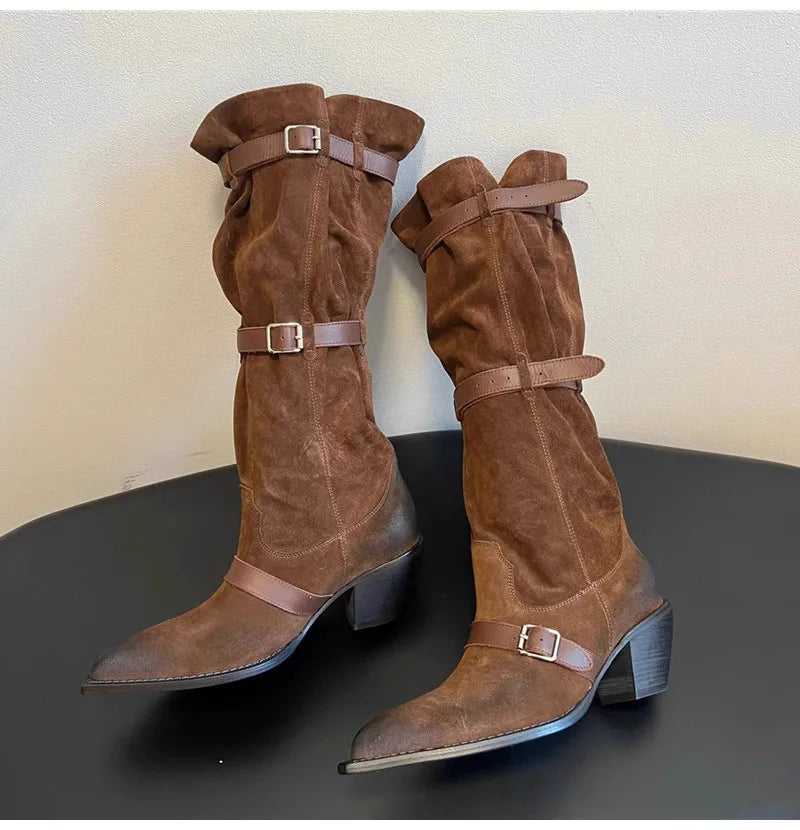 Vintage Pleated Belt Buckle Faux Suede Knee High Boots High heels Western Cowboy Knight Boots Shoes