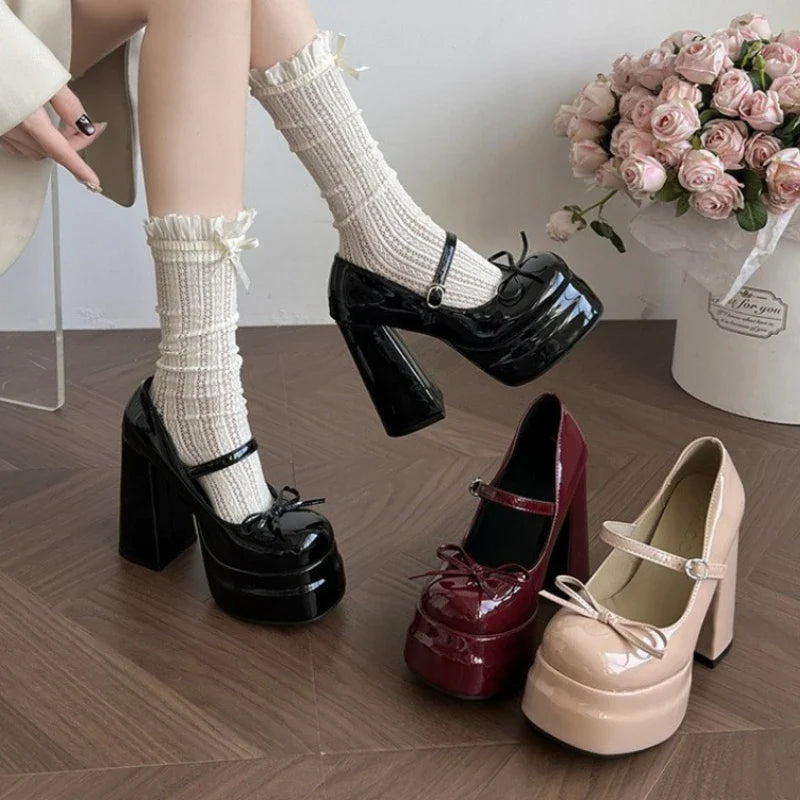Platform Thick Heel Mary Jane Shoes Butterfly-knot Shoes Outdoor Dress Leather Pumps
