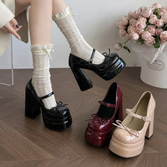 Platform Thick Heel Mary Jane Shoes Butterfly-knot Shoes Outdoor Dress Leather Pumps