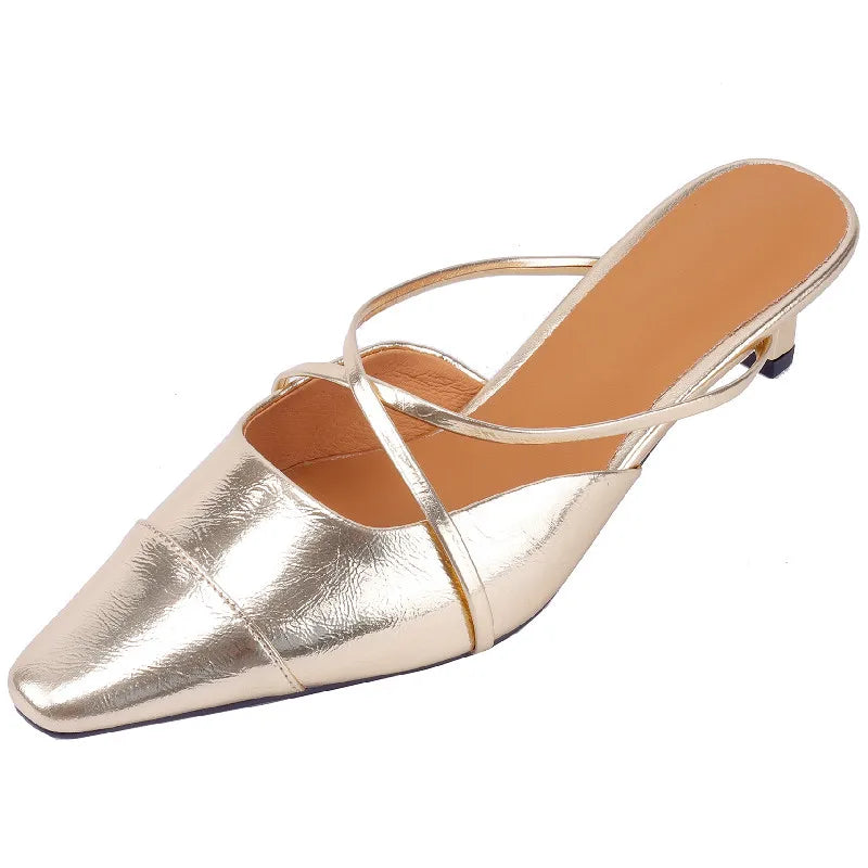 Elegant Party Genuine Leather Thin Heels Mules Slippers Narrow Band Shoes Woman