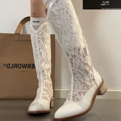 Lace Hollow Out Knee High Boots Skinny Thick Heels Shoess Breathable Long Booties