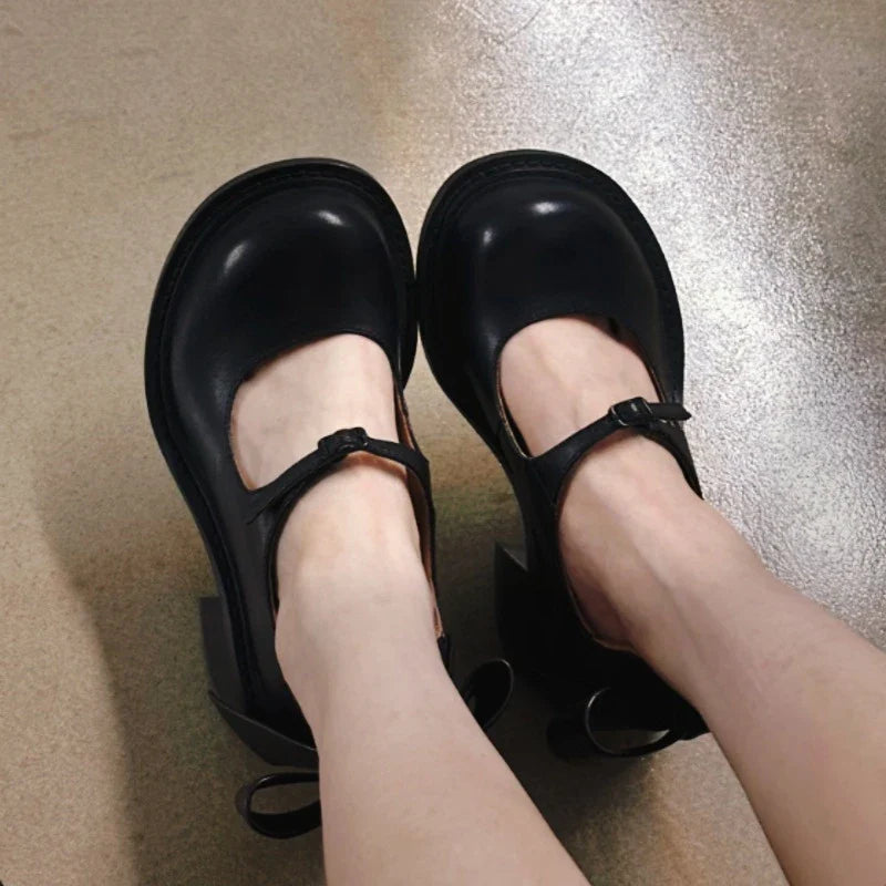 Sweet Cute Style Shoes Mary Janes Butterfly-Knot Crude Heel Shoes Big Size 35-43 Buckle Strap Young Chaussure Femme