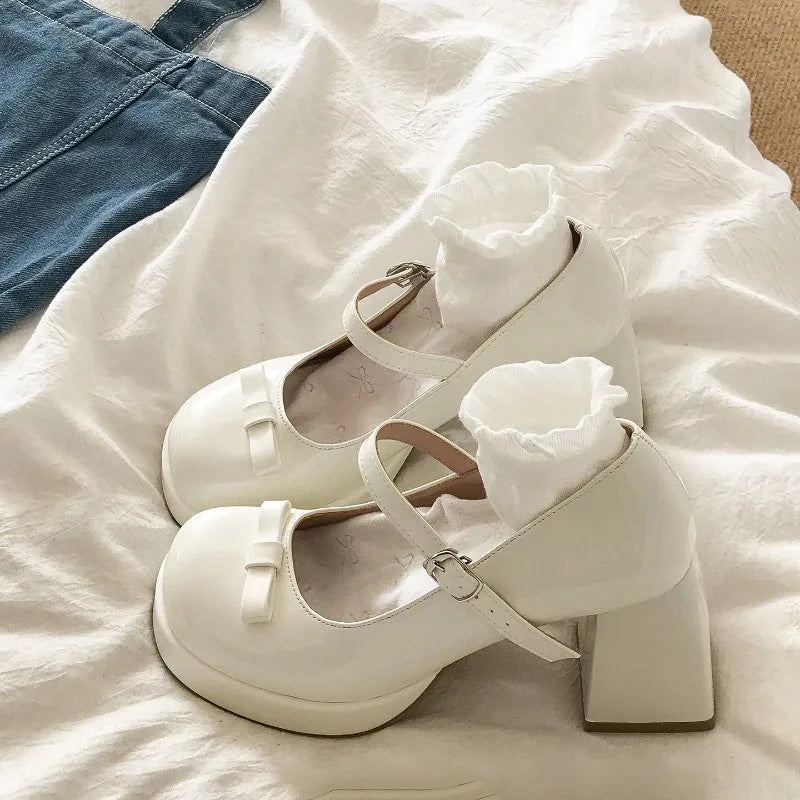 Thick Heel Mary Jane Shoes Outdoor Butterfly-knot Shoes Elegant Wedding Party Pumps
