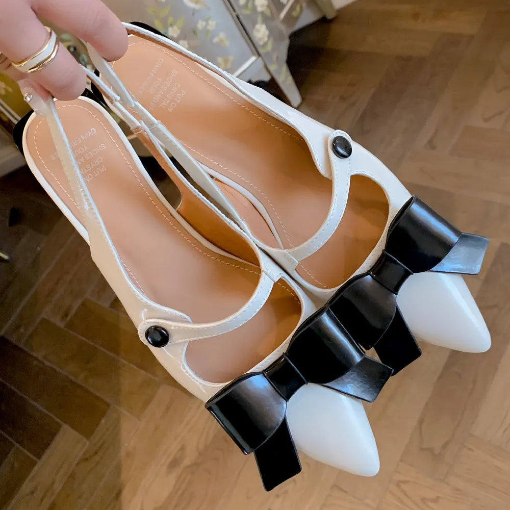 genuine leather thick high heel pointed toe slip-on pumps sweet bowtie korean style heeled sandals shoes