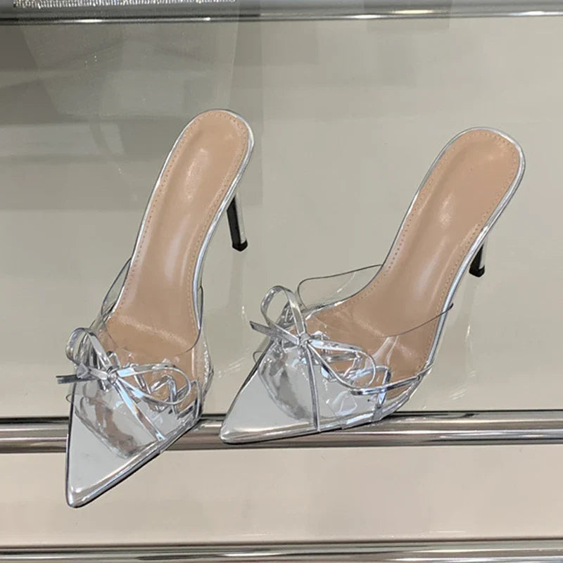 Elegant Pointed Toe Red High Heels Transparent Slippers Leather Bowknot Sandal Party