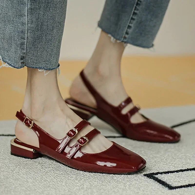 Shoes Woman Flats Double Buckle Mary Janes Shoes Patent Leather Back Strap Zapatos Mujer