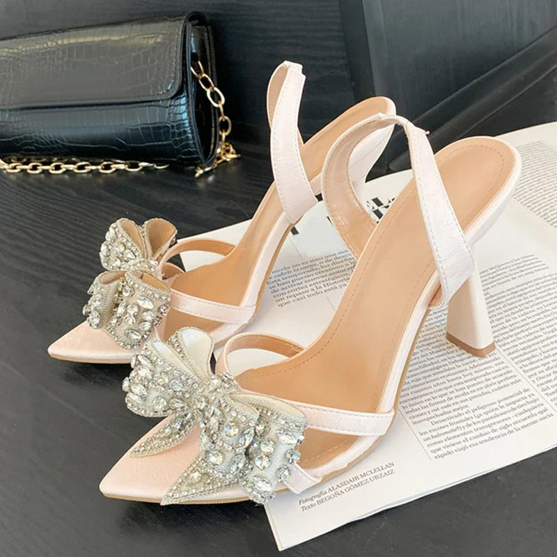 Crystal Rhinestone Bowknot Pointed Open Toe Back Strap Sandals Pink High Heels Wedding Prom Shoes Size 35-41
