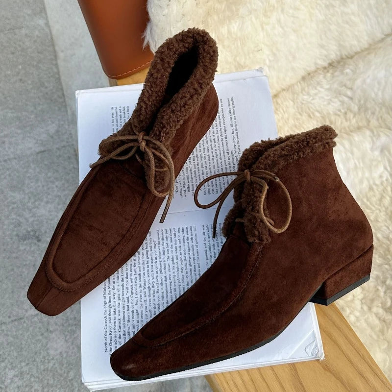 Lace Up Short Fluffy Warm Ankle Boots Comfort Square Toe Chunky Suede Short Boots Low Heels Party Shoes