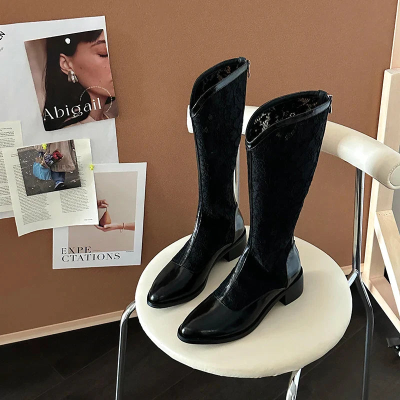 Lace Hollow Out Knee High Boots Skinny Thick Heels Shoess Breathable Long Booties