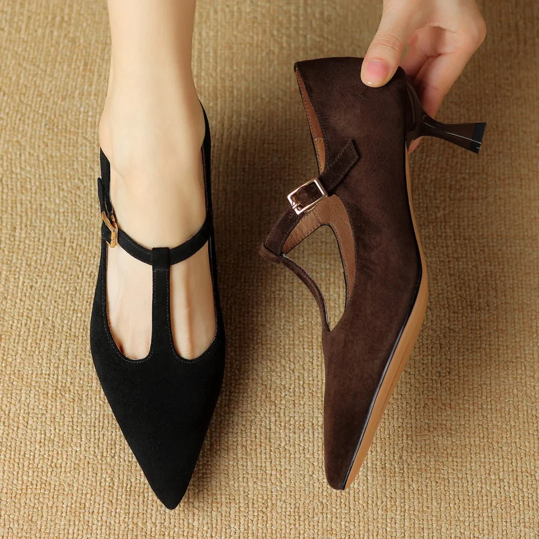 natural suede leather thin high heel pointed toe pumps elegant heeled retro heeled shoes