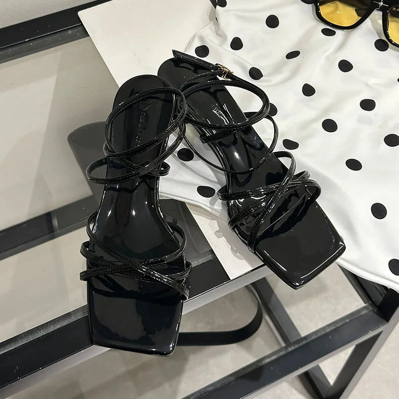 Cross-tied Low Heel Sandals Shoes Shallow Square Toe Footwear Heeled Shoes Sandals Pumps