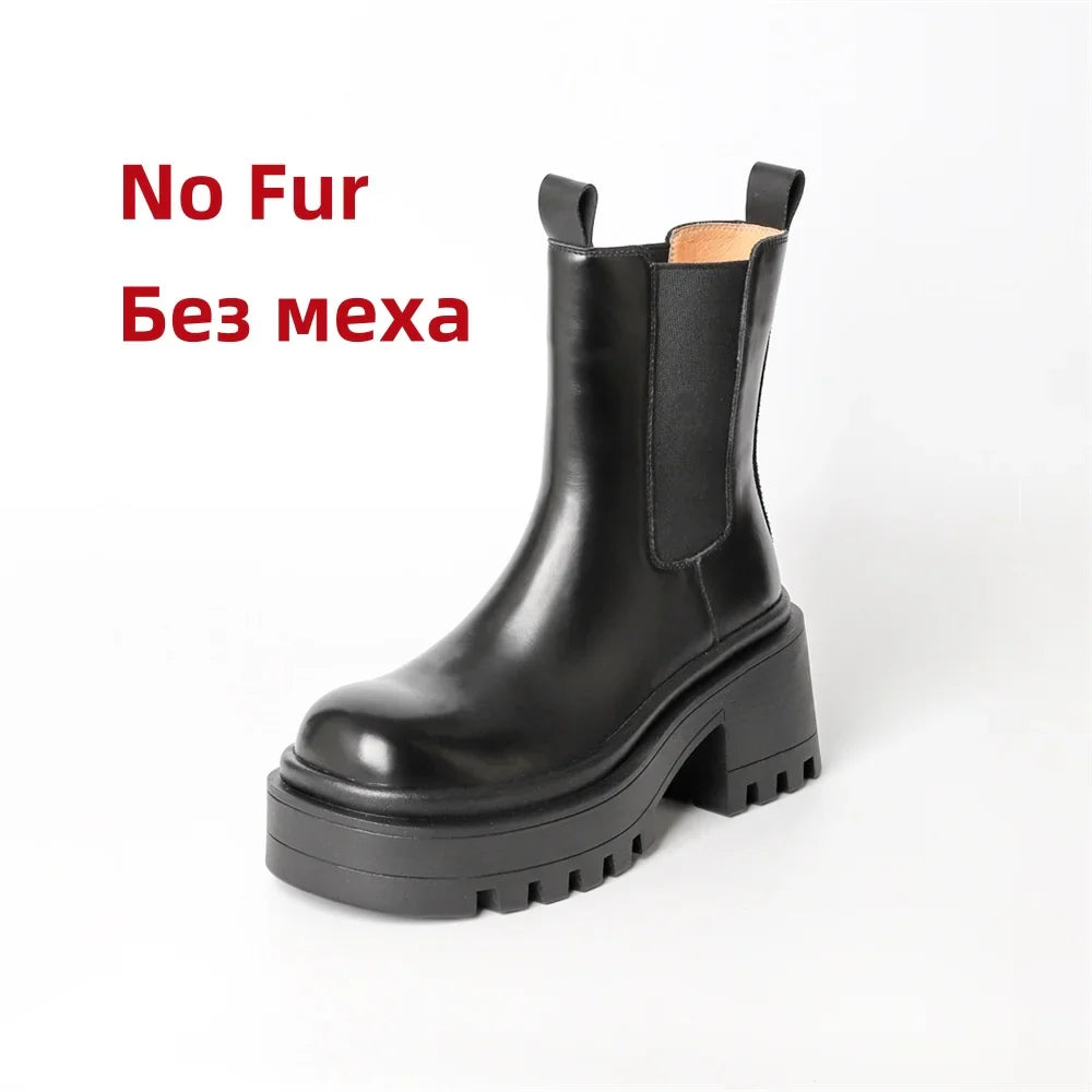 Platforms Ankle Boots Genuine Leather Thick Sole Ankle Punk Motorcycle Shoes Combat Booties