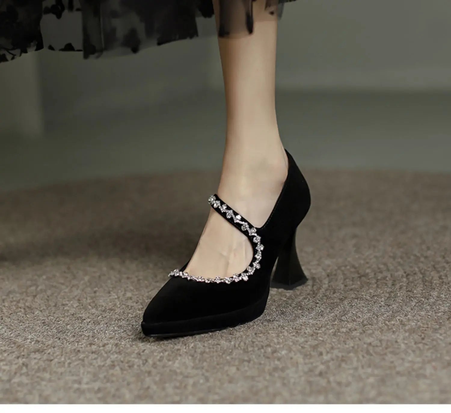 Pointed Toe Shallow Mouth Pumps Shoes Thick Heel Black Simple Work Shoes