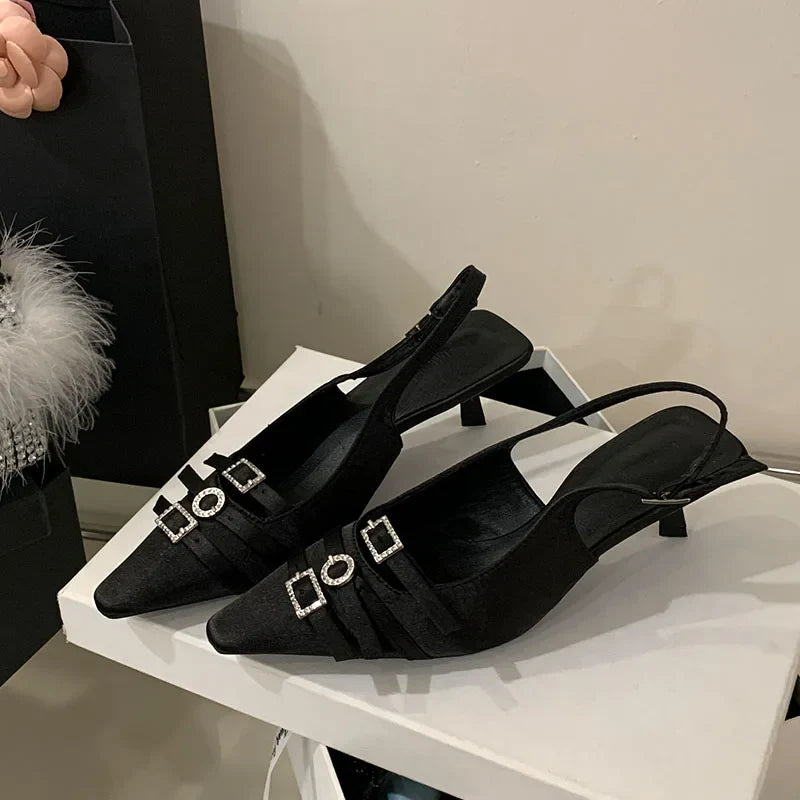 Silk Medium Heels Pumps Shoes Pointed Toe Footwear Shallow Thin Heels Sandals Shoes