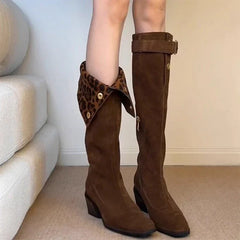 Leopard Knee High Boots High Heels Shoes Warm Long Boots Suede Pumps Chunky Chelsea Boots Snow Botas