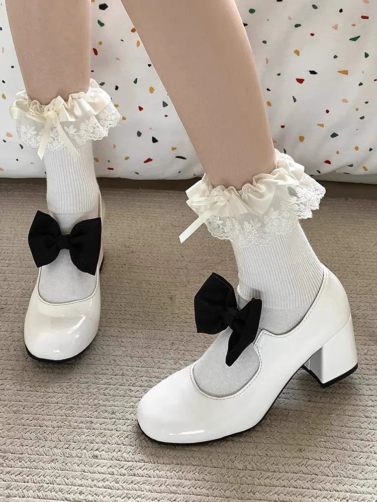 Sweet Round Toe Mary Janes Bow Detail Block Middle Heels Classic Dress Party
