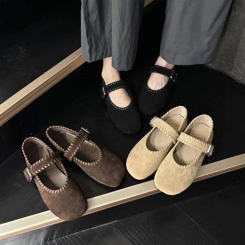 Retro Woven Faux Suede Mary Jane Shoes Metal Buckle Brand Shoes Comfortable Round Toe Shallow Casual Shoe