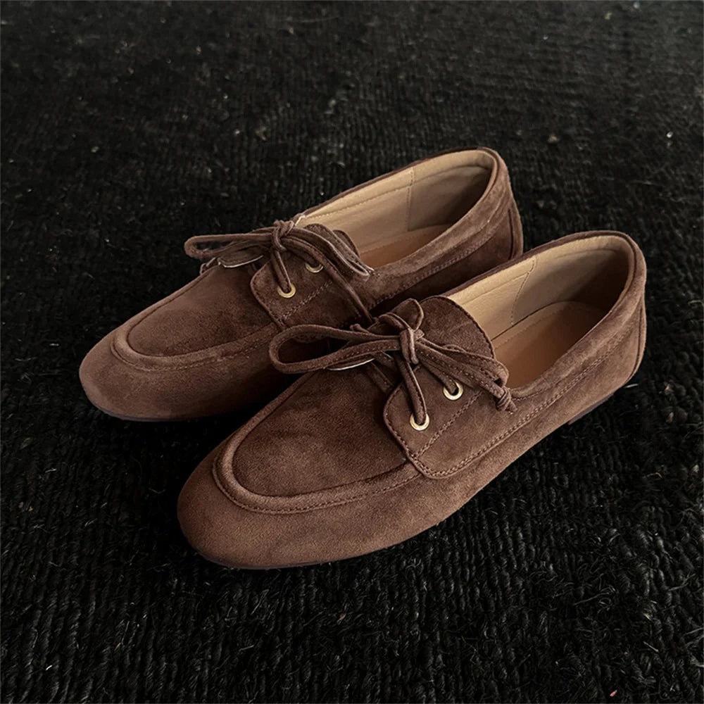 Ballet Flats Shoes Suede Leather Lace Up Casual Loafers Flats Heels Street Office Lady Loafers Shoe